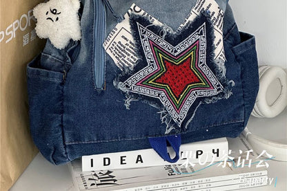 Star Applique Washed Paneled Denim Backpack