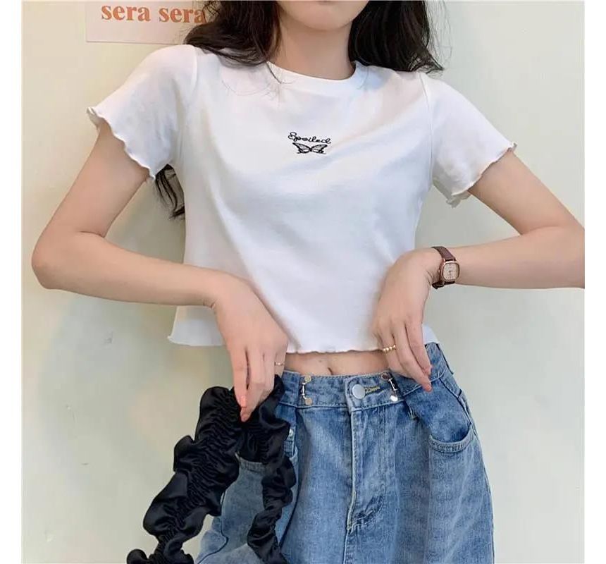 Embroidered Crew Edge Short-Sleeve Crop T-Shirt Neck Lettuce Butterfly