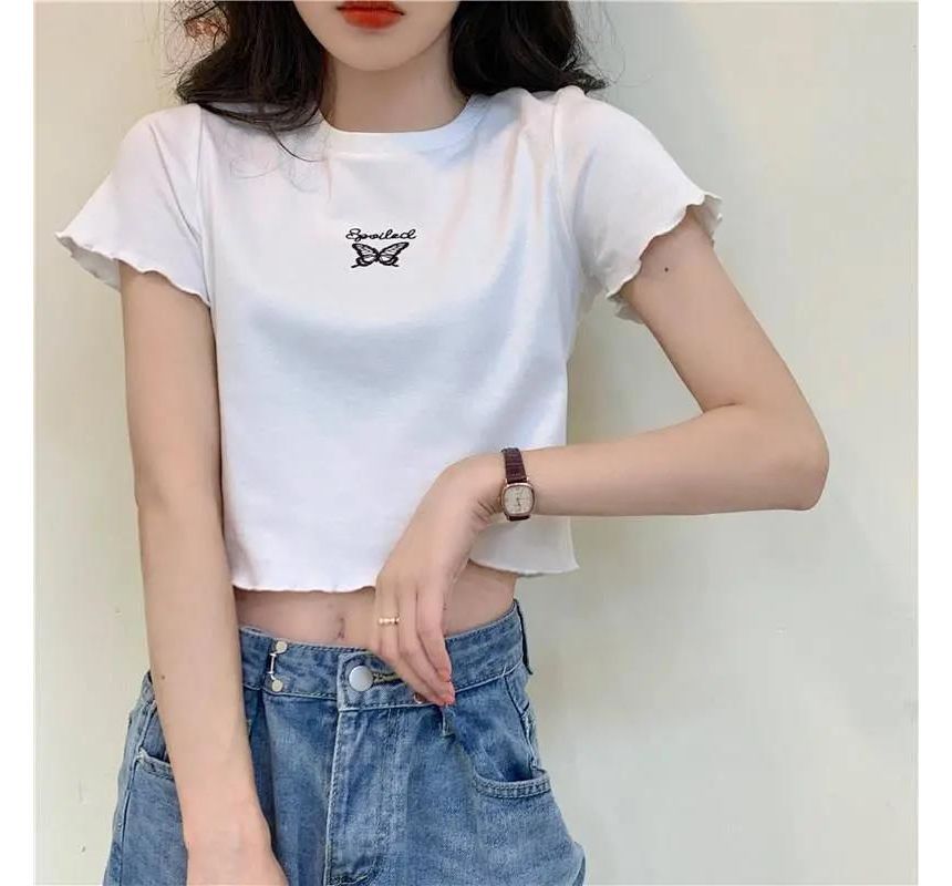 Embroidered Crew Edge Short-Sleeve Crop T-Shirt Neck Lettuce Butterfly