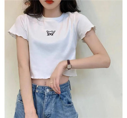 Embroidered Crew Edge Short-Sleeve Crop T-Shirt Neck Lettuce Butterfly