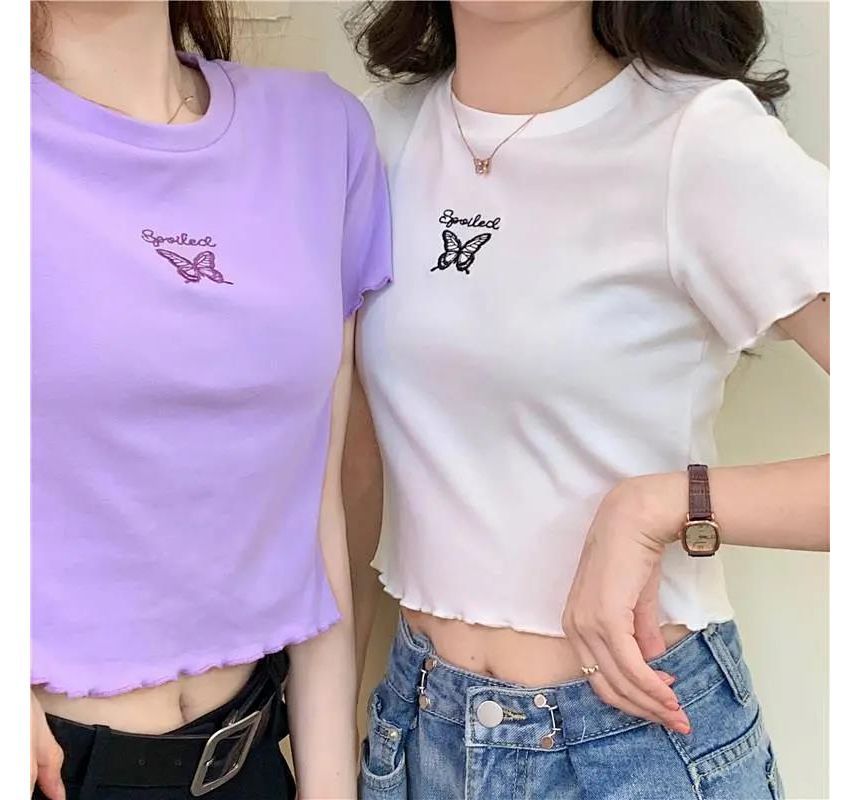 Embroidered Crew Edge Short-Sleeve Crop T-Shirt Neck Lettuce Butterfly