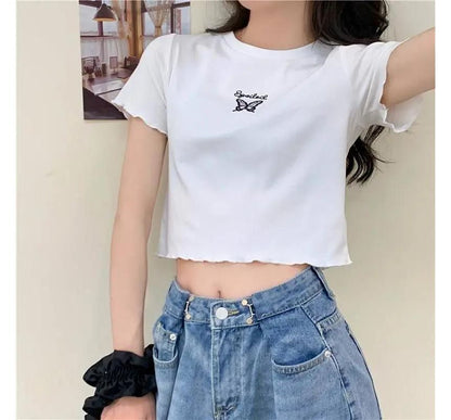 Embroidered Crew Edge Short-Sleeve Crop T-Shirt Neck Lettuce Butterfly