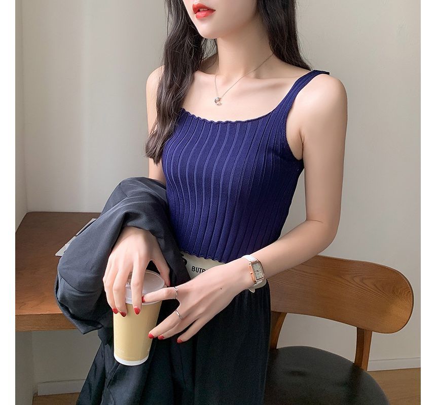 Crop Ribbed Neck Tank Knit Plain Top Square