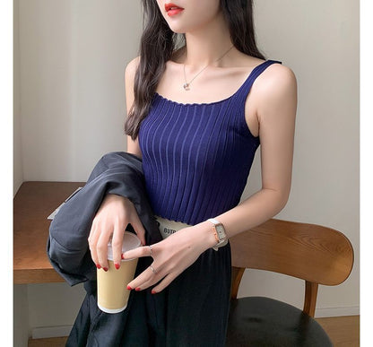 Crop Ribbed Neck Tank Knit Plain Top Square