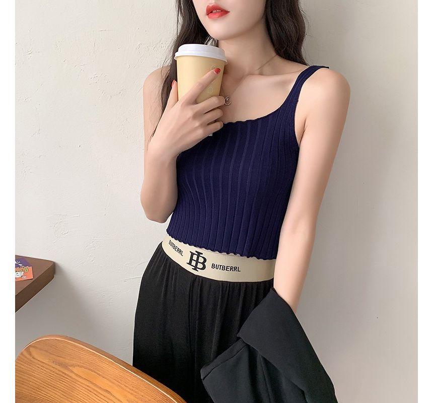 Crop Ribbed Neck Tank Knit Plain Top Square