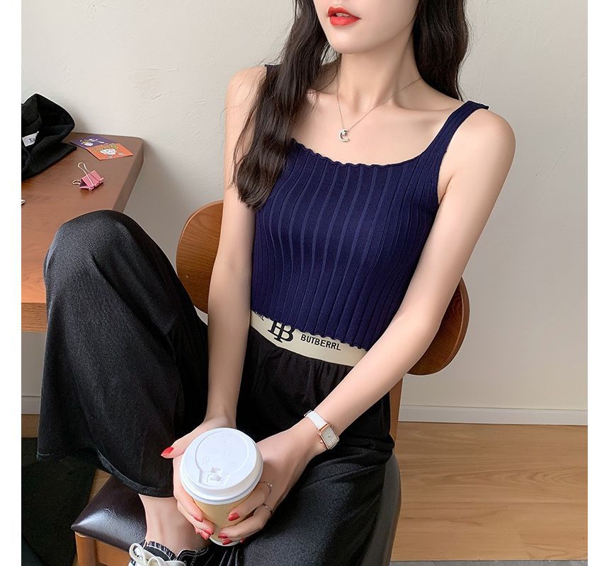 Crop Ribbed Neck Tank Knit Plain Top Square