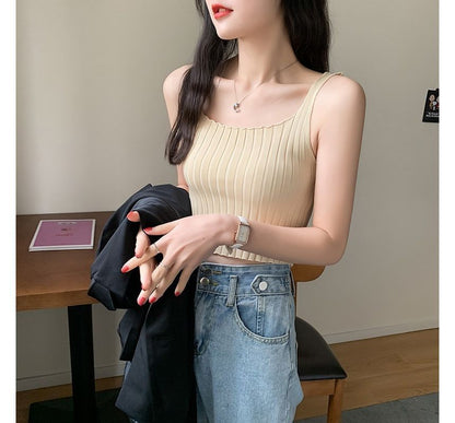Crop Ribbed Neck Tank Knit Plain Top Square