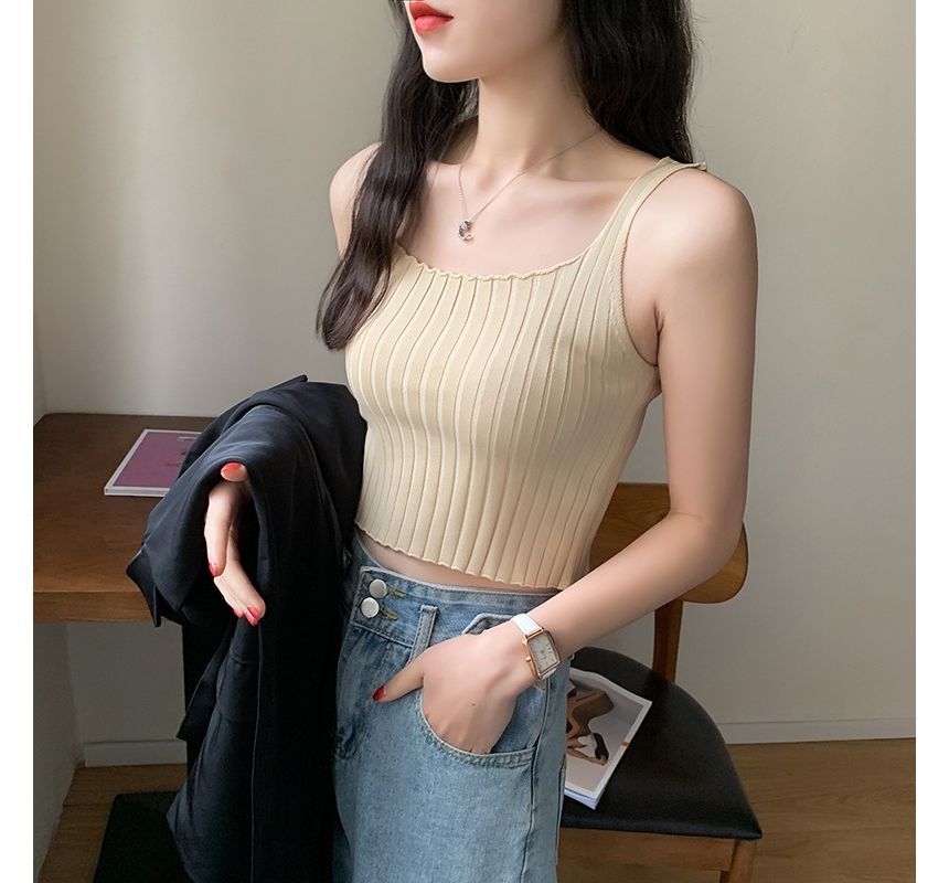 Crop Ribbed Neck Tank Knit Plain Top Square