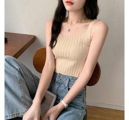 Crop Ribbed Neck Tank Knit Plain Top Square