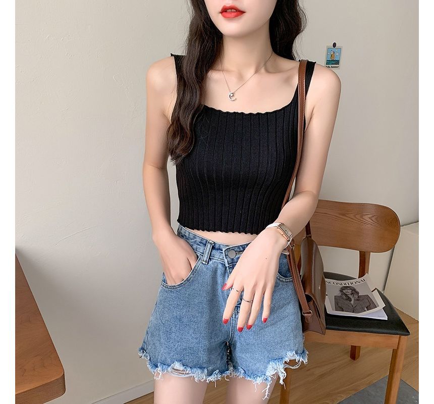 Crop Ribbed Neck Tank Knit Plain Top Square