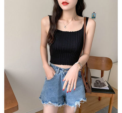 Crop Ribbed Neck Tank Knit Plain Top Square