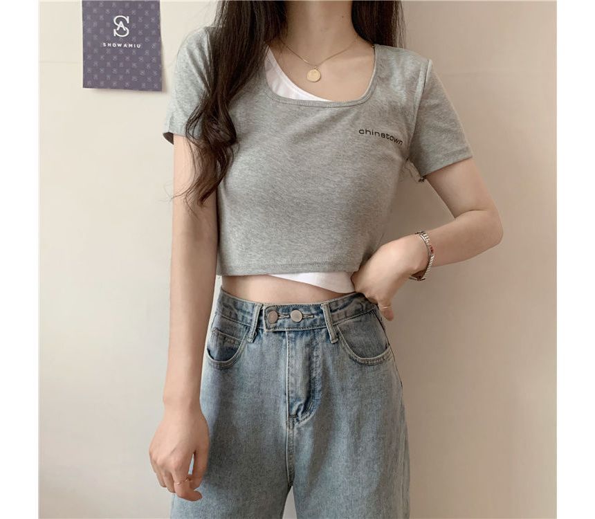 Lettering T-Shirt Two-Piece Crop Short-Sleeve Mock