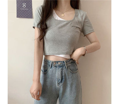 Lettering T-Shirt Two-Piece Crop Short-Sleeve Mock