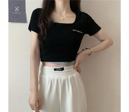 Lettering T-Shirt Two-Piece Crop Short-Sleeve Mock