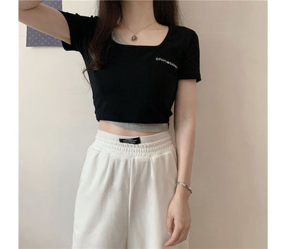 Lettering T-Shirt Two-Piece Crop Short-Sleeve Mock