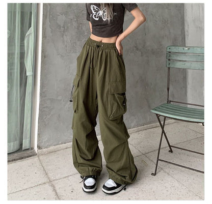 Plain Pants Waist Wide Drawstring Cargo Leg
