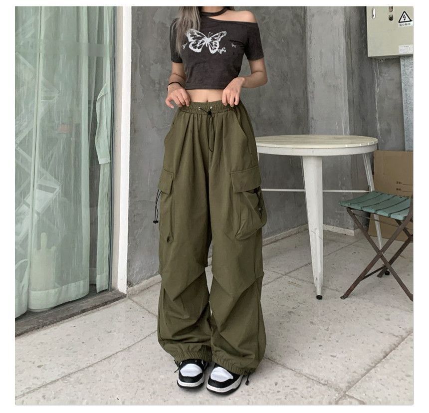 Plain Pants Waist Wide Drawstring Cargo Leg