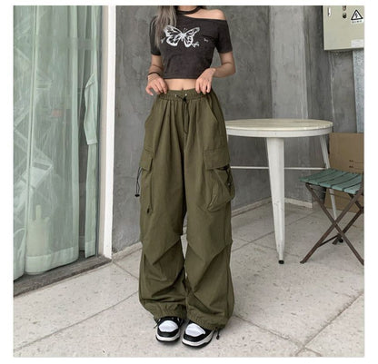 Plain Pants Waist Wide Drawstring Cargo Leg