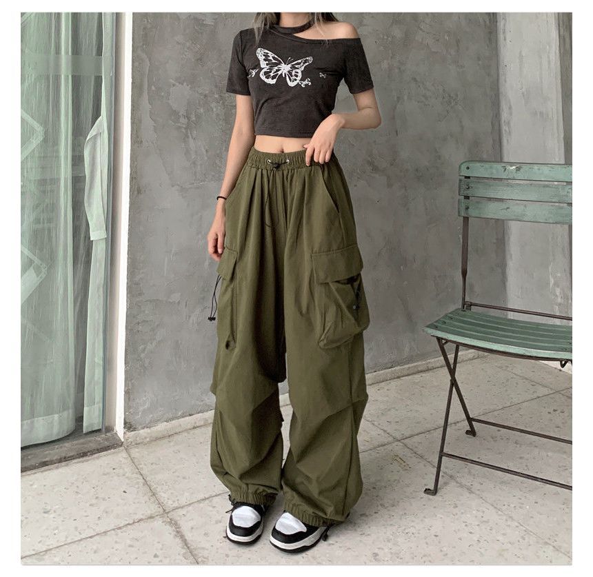 Plain Pants Waist Wide Drawstring Cargo Leg