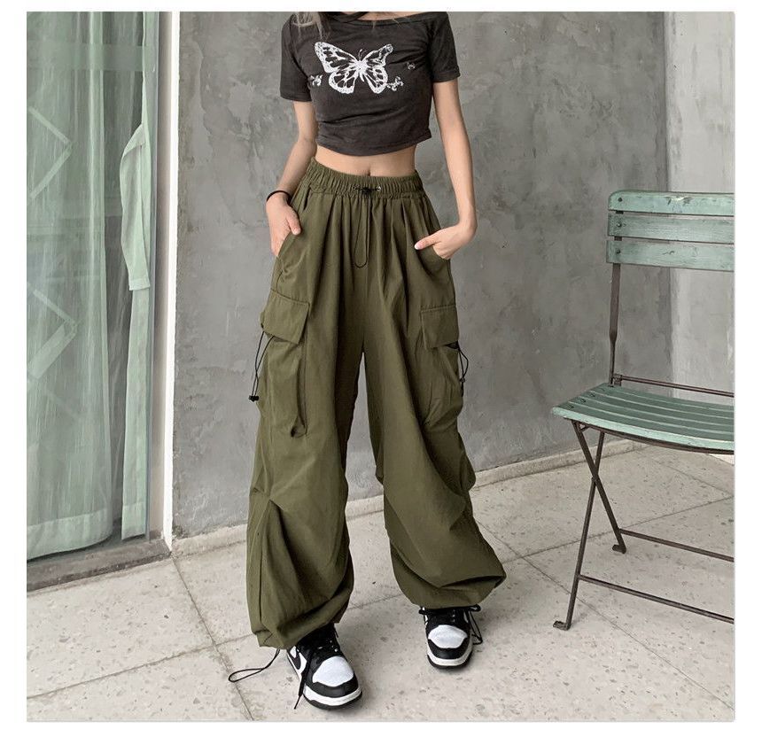 Plain Pants Waist Wide Drawstring Cargo Leg