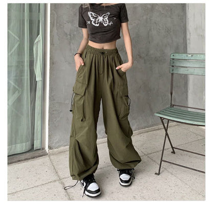 Plain Pants Waist Wide Drawstring Cargo Leg