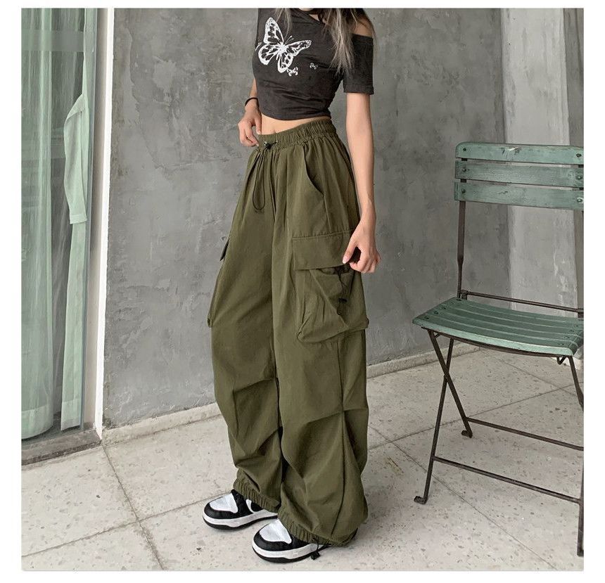 Plain Pants Waist Wide Drawstring Cargo Leg