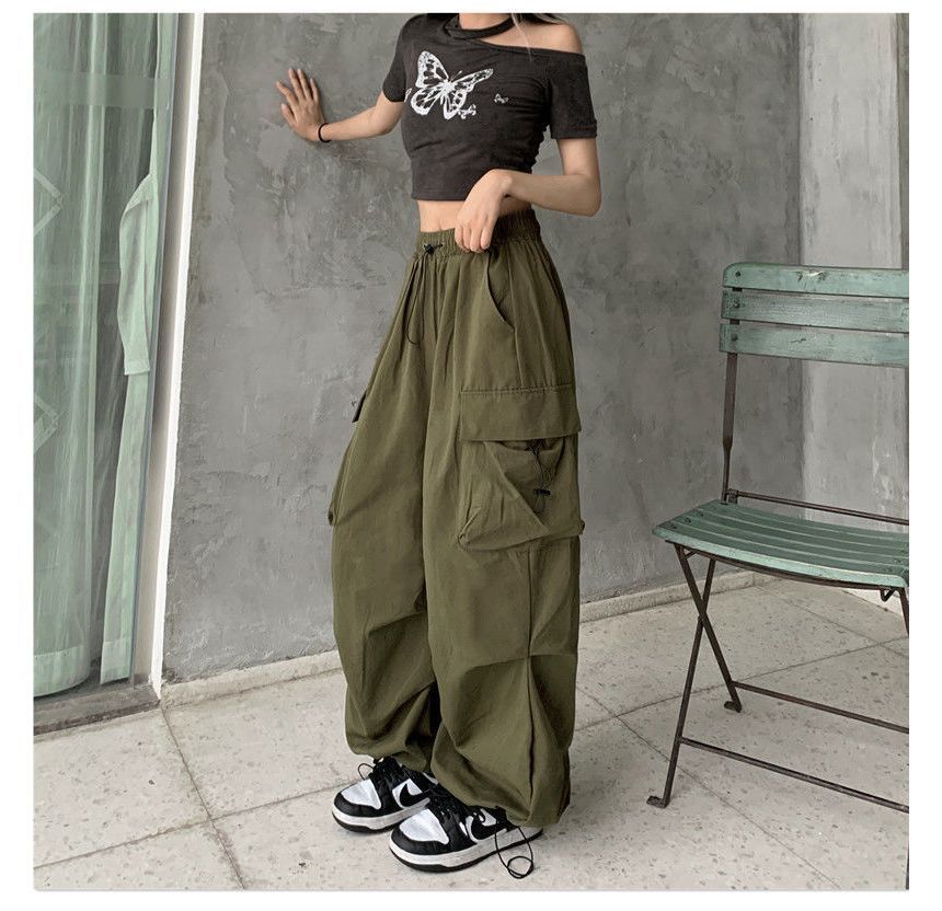 Plain Pants Waist Wide Drawstring Cargo Leg