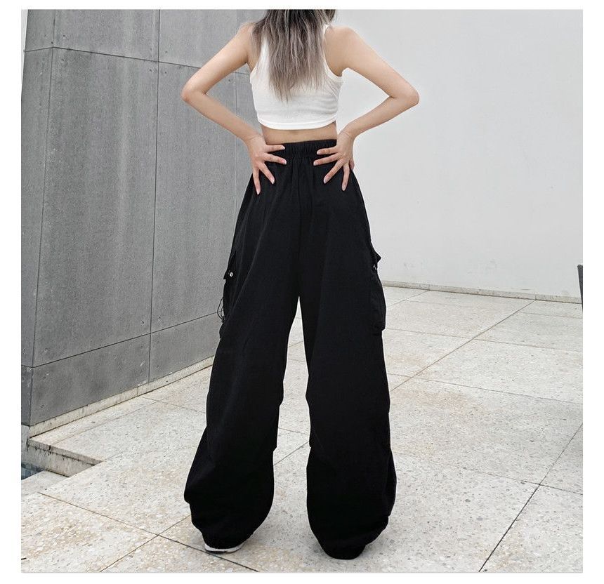 Plain Pants Waist Wide Drawstring Cargo Leg