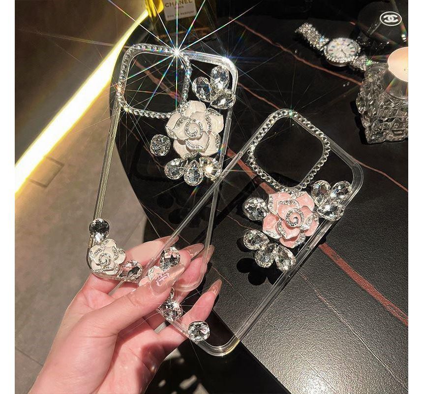 Floral Rhinestone Transparent Phone Case - iPhone 14 Pro Max / 14 Pro / 14 Max / 14 / 13 Pro Max / 13 Pro / 13 / 13 mini / 12 Pro Max / 12 Pro / 12 / 12 mini / 11 Pro Max / 11 Pro / 11 / SE / XS Max / XS / XR / X / 8 / 8 Plus / 7 / 7 Plus