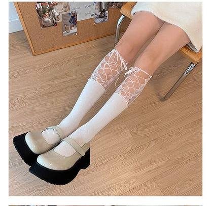 Lace Panel Tie Front Plain Socks