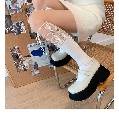 Lace Panel Tie Front Plain Socks