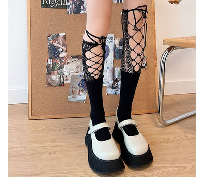 Lace Panel Tie Front Plain Socks