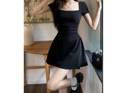 Short-Sleeve Square Neck Plain Ruched Mini A-Line Dress