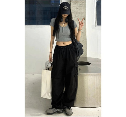 High Waist Plain Drawstring Cargo Baggy Pants