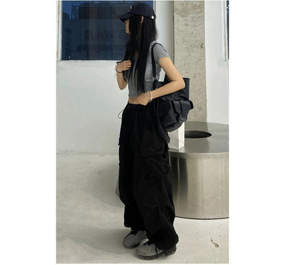 High Waist Plain Drawstring Cargo Baggy Pants