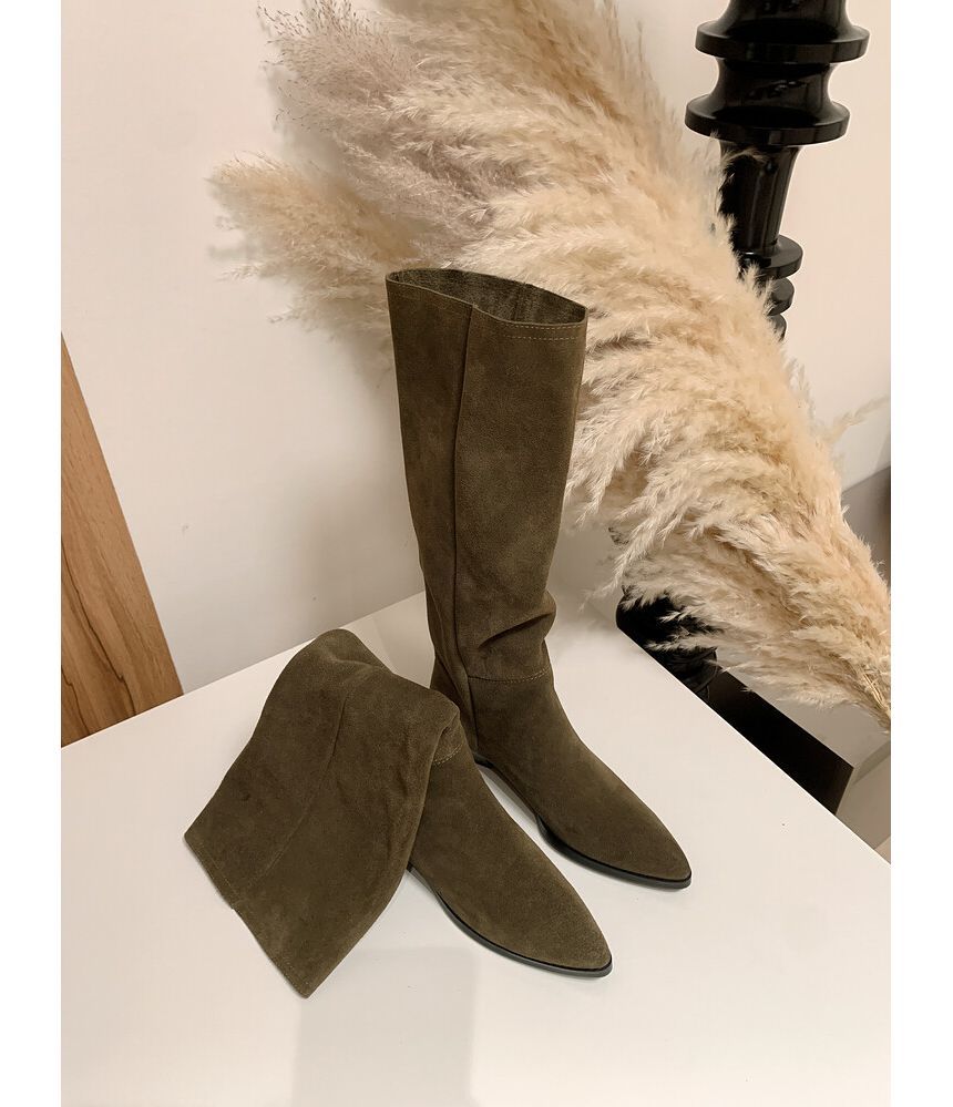 Block Heel Pointed Toe Genuine Leather Tall Boots