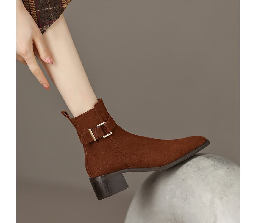 Block Heel Pointed Toe Buckled Genuine Leather Short Boots