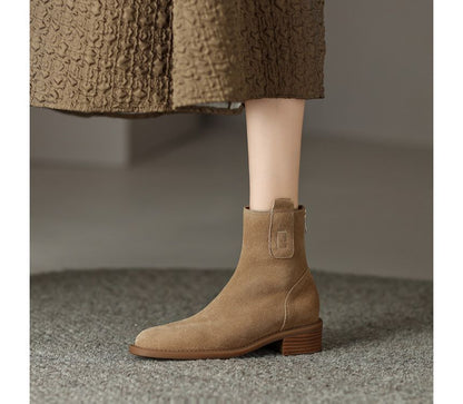 Block Heel Pointed Toe Genuine Leather Short Boots