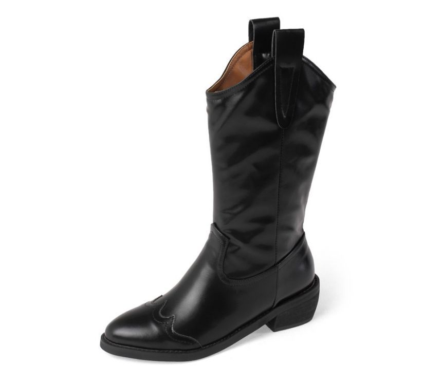 Block Heel Pointed Toe Genuine Leather Mid-Calf Cowboy Boots