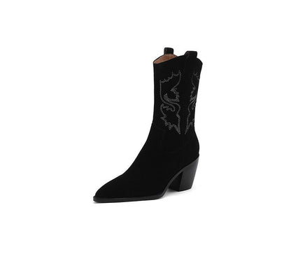 Block Heel Pointed Toe Genuine Leather Embroidered Mid-Calf Cowboy Boots