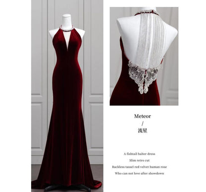 Halter Plain Rhinestone Fringe Velvet Mermaid Evening Gown