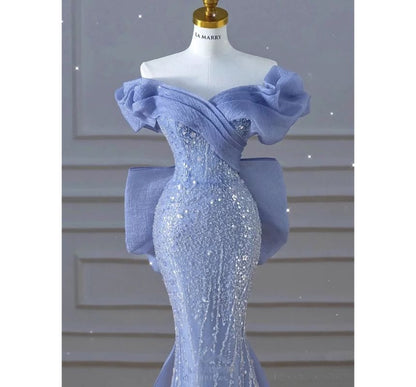 Short-Sleeve Off Shoulder Sequin Ruched Bow Panel Mermaid Evening Gown