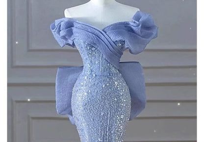 Short-Sleeve Off Shoulder Sequin Ruched Bow Panel Mermaid Evening Gown