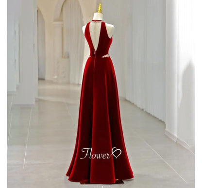 Sleeveless Crew Neck Plain Cutout Rhinestone Velvet A-Line Evening Gown