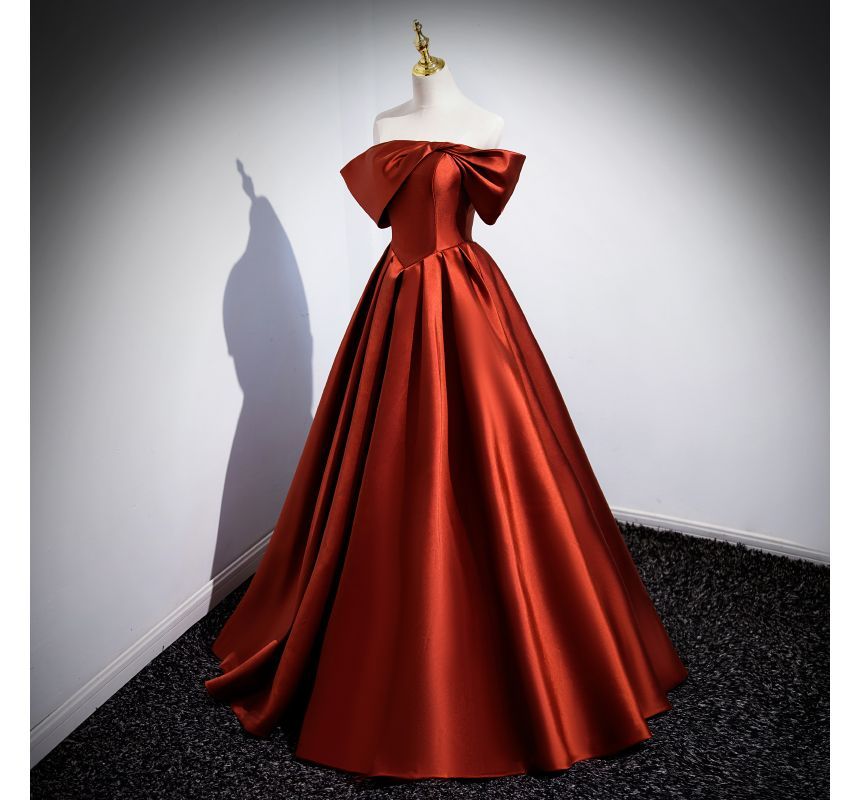 Short-Sleeve Off Shoulder Plain Pleated Satin A-Line Evening Gown