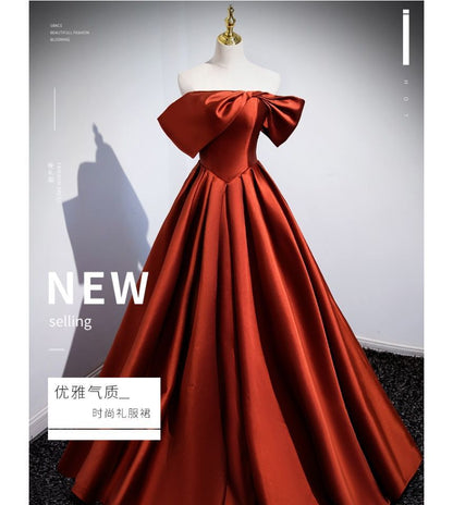 Short-Sleeve Off Shoulder Plain Pleated Satin A-Line Evening Gown