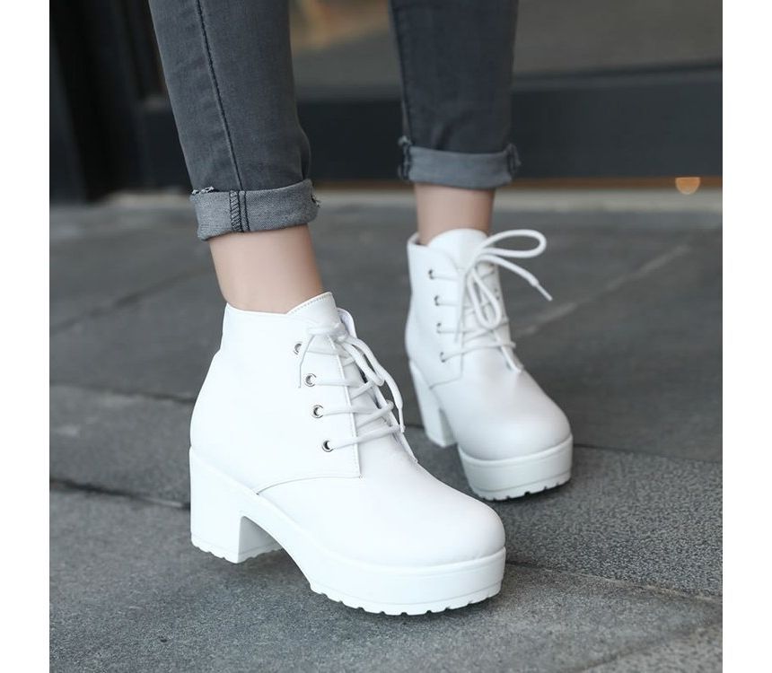 Lace-Up Ankle Platform Heel Boots Chunky