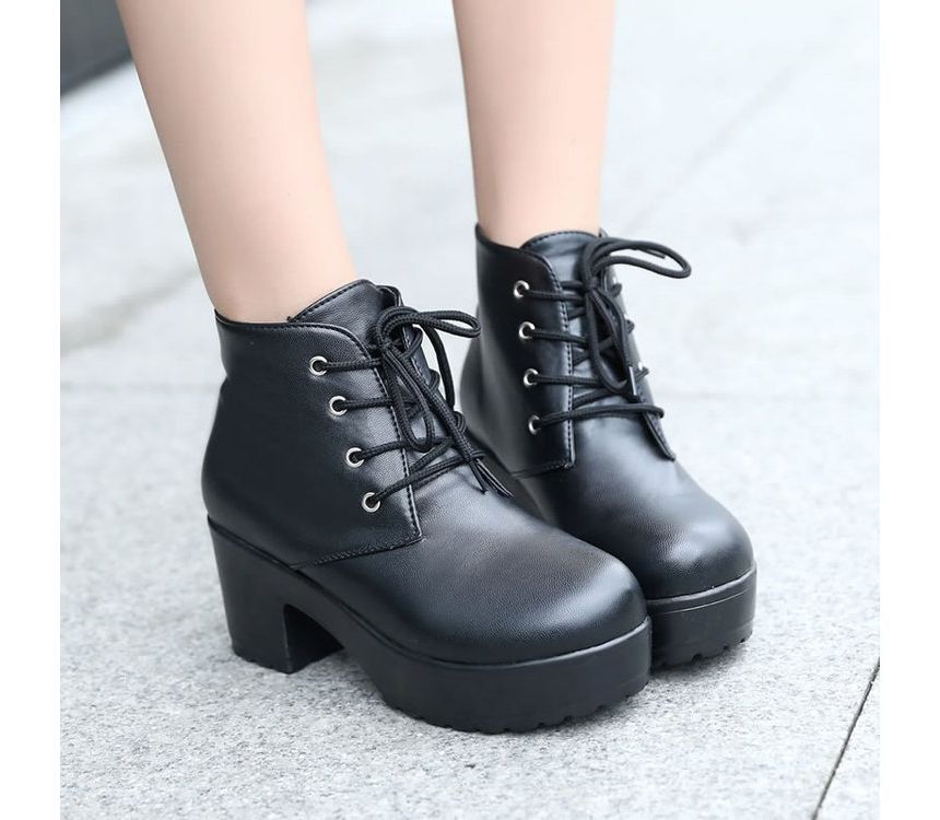 Lace-Up Ankle Platform Heel Boots Chunky