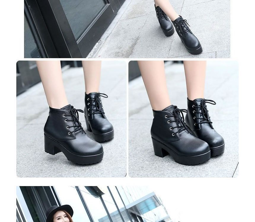 Lace-Up Ankle Platform Heel Boots Chunky