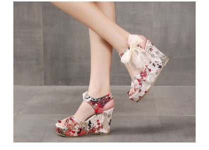 Wedge Floral Heel Sandals Bow Platform